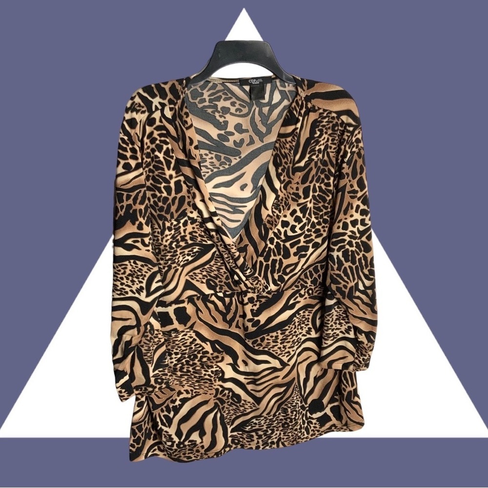 CDP & Co Brown Black Leopard Peplum Blouse Women Approx 2X (Size Worn Off)